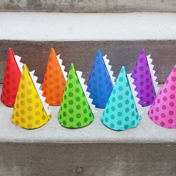 Dinosaur Birthday Party Hats | Dinosaur Hats | Rainbow Cone Hats with Dinosaur Spikes | Glitter Polka-dot Party Favors | Party Decorations