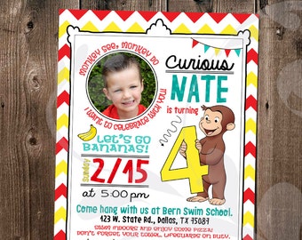 Curious George Birthday Party Invitation | Monkey Invite with Photo | Chevron 4th Birthday Party | Monkey See, Monkey Do | Digital File