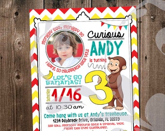 Curious George Birthday Invitation | Monkey Party Invite with Photo | Chevron 3rd Birthday Party | Monkey See, Monkey Do | Digital File