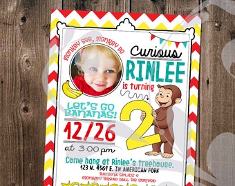 Curieux | d’invitation à la fête de George Invitation d’anniversaire de singe avec photo | Chevron 2nd Birthday Party | Singe Voir, Singe Do | Fichier numérique