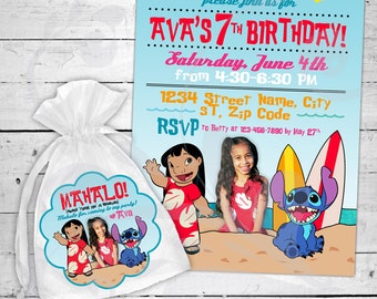 Lilo & Stitch Invitation and Party Favor Label | Colorful Birthday Invite with Photo | Hawaiian Party Invite and Thank You | Digital File