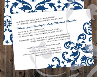 Klassische Eleganz Doppelseitige Hochzeitseinladung | Custom 5"x7" Einladung mit Offset Text und Monaco oder Navy Damast (digital)