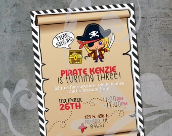 Pirate Birthday Party Invitation | Custom 5"x7" 3rd Birthday Treasure Hunt Invite for Boy or Girl with Custom Hair and Eye Color (digital)