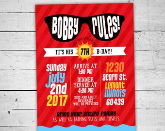 Summer Pool Party Invitation | Sunglasses Birthday Party Invite | Slip and Slide Water Party | Fun in the Sun Summer Party | Digital File