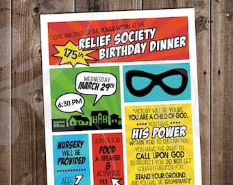 Relief Society Birthday Dinner Invitation | LDS Event Invite | The Power Within Superhero Invite | Colorful Comic Book Style | Digital File