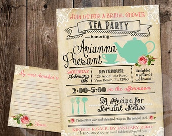 Bridal Shower Tea Party Invitation | Recipe for Bridal Bliss Theme | Vintage Rose Rustic Invite | Antique Lace Ladies Brunch | Digital Files