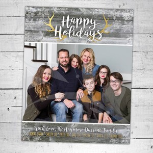 Fijne feestdagen kerstkaart | Rustic Wood Holiday Card | Snowflake Wenskaart | Gouden Geweien Kerst wenskaart | Digitaal bestand