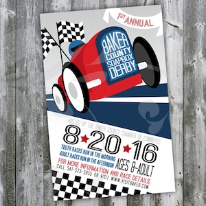 May include: A red, white, and blue illustrated poster for the 1st Annual Baker County Soapbox Derby. The poster features a cartoon soapbox derby car and the date 8-20-16. The text "Hosted by the Baker County Chamber of Commerce" is also included.
