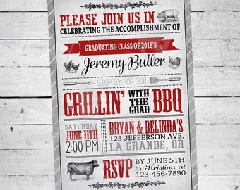 Grillin' with the Grad BBQ Graduation Announcement Invitation | Custom 4"x6" Invite with Vintage Antique Animal Sketches and Fonts (digital)