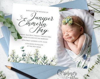 Juniper Berry LDS Baby Blessing Invitation | Watercolor Christening Invite | Evergreen Infant Baptism Announcement with Photo | Digital File