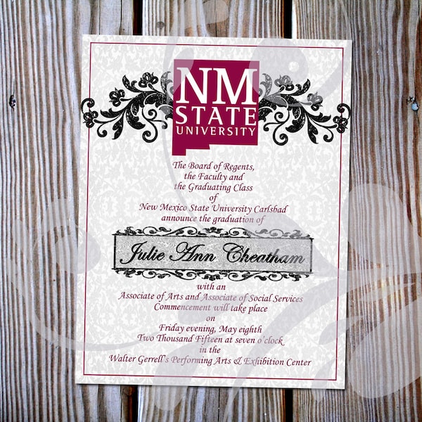 Classy College Graduation Announcement | Custom 4.25"x5.5" with University Logo, Antique Flourish, Damask Print and Classic Script (digital)