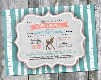 Cute Little Deer Baby Shower Invitation | Invitation personnalisée de 5 « x7 » avec gris, corail, sarcelle, bouleaux trembles, oiseau et flèche (numérique)