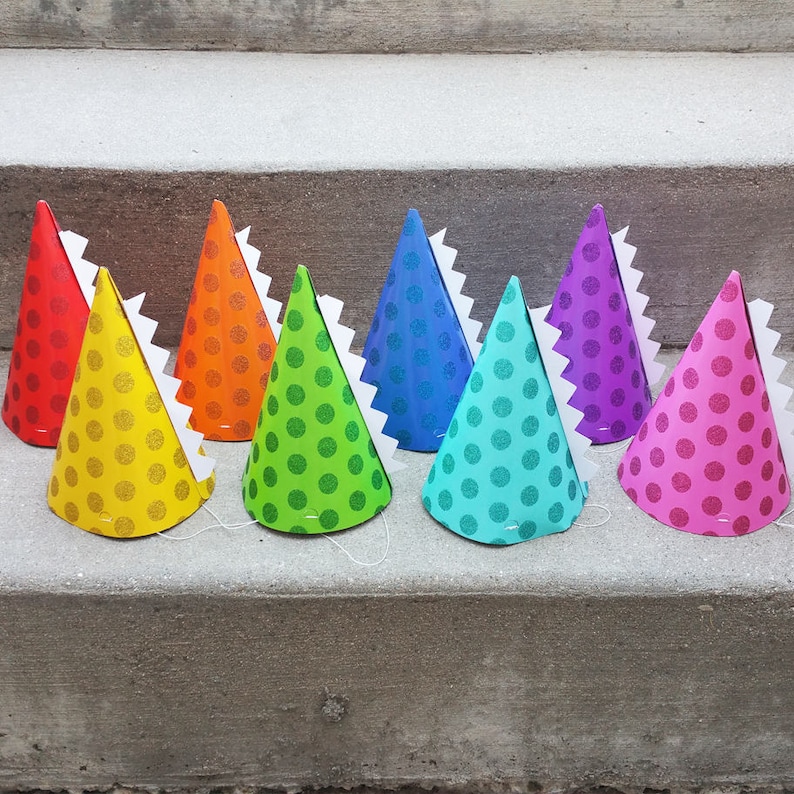 Dinosaur Birthday Party Hats Dinosaur Hats Rainbow Cone Hats with Dinosaur Spikes Glitter Polka-dot Party Favors Party Decorations image 1