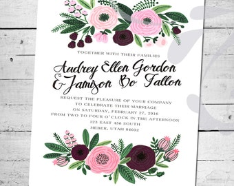 Floral Watercolor Wedding Invitation | Custom 6"x7.5" Invite with Calligraphy Font, Handwritten Script and Aubergine & Pink Flower (digital)