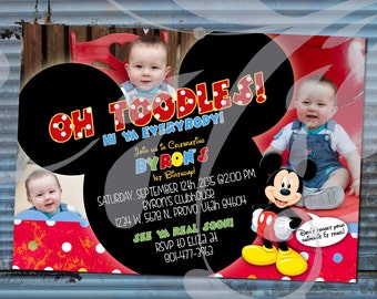 | d’invitation à la fête d’anniversaire du Mickey Mouse Clubhouse Invitation personnalisée de 5 « x7 » avec forme d’oreilles de souris, pois, bulle de mots et photos (numérique)