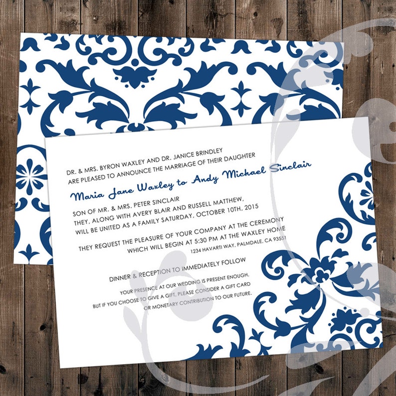 Classic Elegance Double-sided Wedding Announcement Invitation Custom 5x7 Invite with Offset Text and Monaco or Navy Damask digital image 1