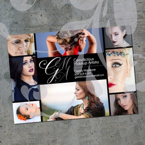 May include: A business card for Gemalicious Makeup Artistry, featuring a collage of photos of women with different makeup looks. The card includes the business name, the artist's name, Gemily Haymore, a phone number, 801.369.4389, and an email address, gemilhaymore@email.com.