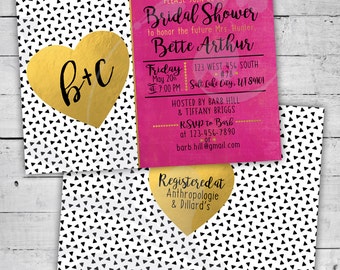 Magenta & Gold Leaf Bridal Shower Invitation | Double-Sided 5"x7" Invite with Monogram, Triangles, Hearts and Calligraphy (digital)