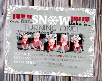 Snow Much Fun Winter 'One'derland Birthday Party Invitation | Custom 4.25" x 5.5" Invite with Snowflakes, Banner, Mat and Photos (digital)