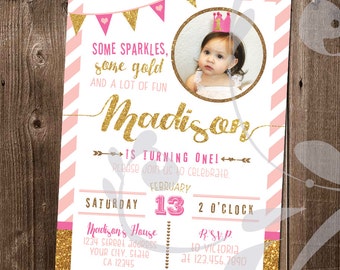 Fun Glitzy Gold & Pink Birthday Invitation | Custom 5"x7" Invite with Arrows, Hearts, Stripes, Triangle Banner, Glitter and Photo (digital)