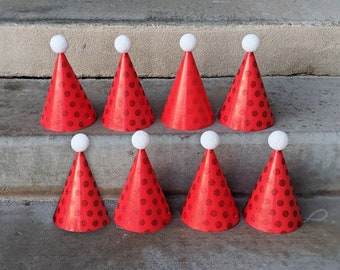 Santa Party Hats | Christmas Cone Hats | Red Birthday Hats with White Pom-Poms | Glitter Polka-dot Party Favors | Party Decorations