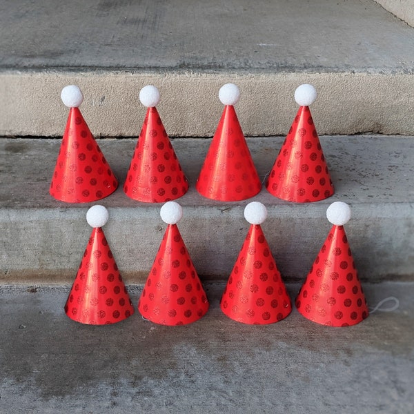 Santa Party Hats | Christmas Cone Hats | Red Birthday Hats with White Pom-Poms | Glitter Polka-dot Party Favors | Party Decorations