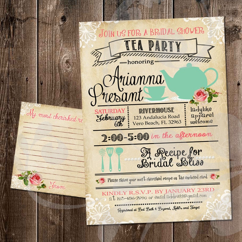 Vintage Rose Rustic Invite Recipe for Bridal Bliss Theme Digital Files Antique Lace Ladies Brunch Bridal Shower Tea Party Invitation