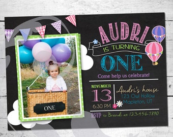 Hot Air Balloon Birthday Party Invitation | Custom 5"x7" Invite with Chalkboard Background, Triangle Banner, Flowers and Photo (digital)