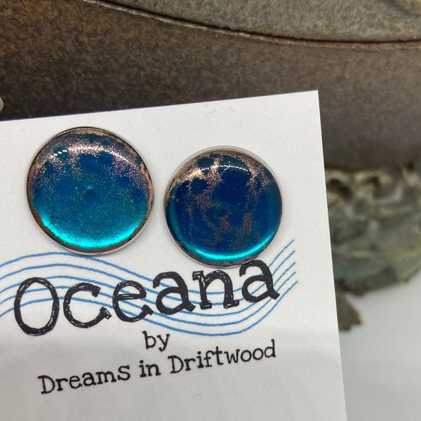 Turquoise and copper stud earrings | Resin Earrings | Large Round stud earrings | coastal jewellery | ocean scene |stainless steel earrings