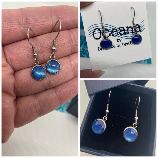 Sea blue dangly drop earrings | ocean jewellery | earrings in gift box | stainless steel earrings | blue resin