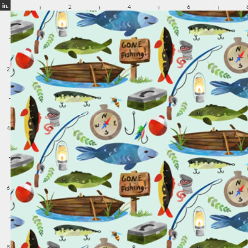 Gone Fishing Fabric by the Yard soft mint Cotton Quilting Etsy