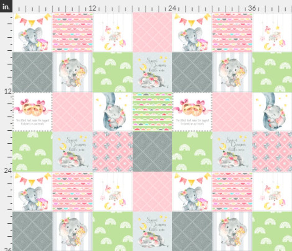 Pink Green Elephant Quilt Fabric by the Yard Baby Girl Etsy