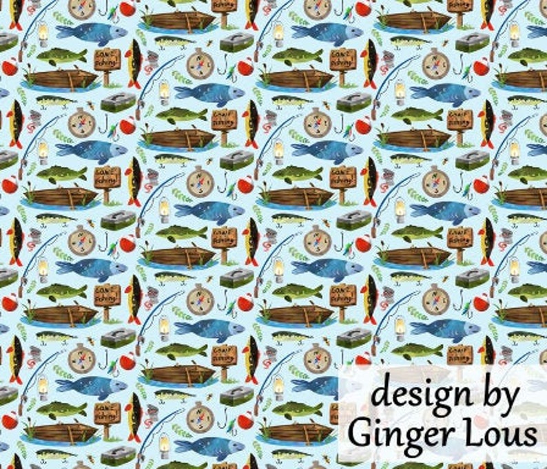 Gone Fishing Fabric by the Yard pale blue Cotton Quilting Etsy