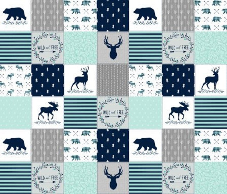 Navy Mint Woodland Nursery Quilt Fabric by the Yard Wild & Etsy