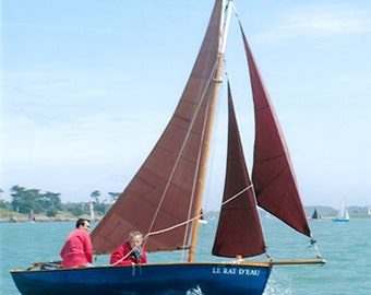 Può includere: Una barca a vela blu con una vela rossa e bianca, chiamata "LE RAT D'EAU", naviga sull'acqua. Due persone sono a bordo della barca.