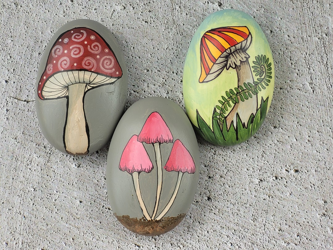 Painting Model Plaster Rocks Custom Painted and Drawn Mushrooms on Plaster Cast rocks - Etsy