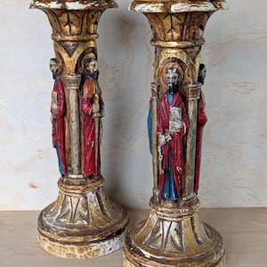 Pair of Vintage Brutalist 1960s Orthodox Carved Wood Candlestick Holders