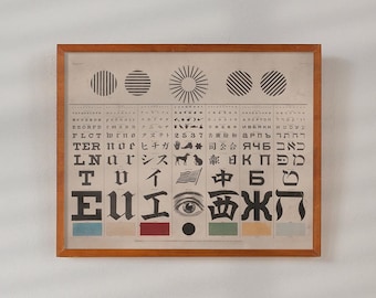 Impresión artística de tabla de examen de la vista, arte médico antiguo, impresión litográfica con símbolos gráficos, arte mural para examen de la vista, póster de óptico histórico