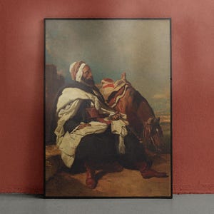 Seated Arab Man with Horse Printable Art, Classic Antique Oil Painting, Vintage Art, Arabian Portrait, European Gallery Wall Art