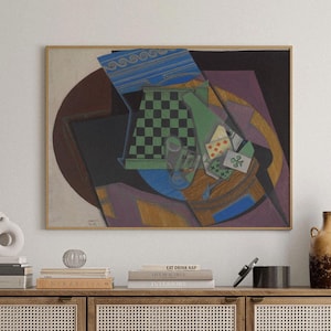 Scacchiera e carte da gioco Stampa artistica, Arte moderna astratta, Arte murale cubista contemporanea, Arte murale da galleria di nature morte vintage