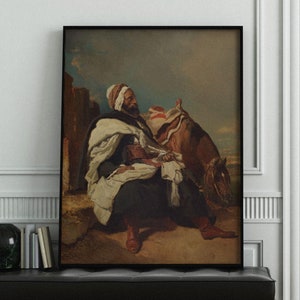 Seated Arab Man with Horse Fine Art Print, Classic Antique Oil Painting, Vintage Art, Arabian Portrait, European Gallery Wall Art