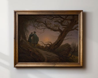May include: A framed landscape painting depicts two figures in dark coats standing on a path beneath a large tree. The artwork features a crescent moon in a twilight sky, with a warm, golden glow.