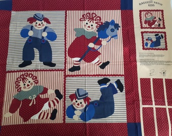 Vintage Raggedy Patch Kids Fabric Panel - Baby Nursery Wall Hanging - Rare Quilt Panel for Sewing - Retro Country Kids Decor