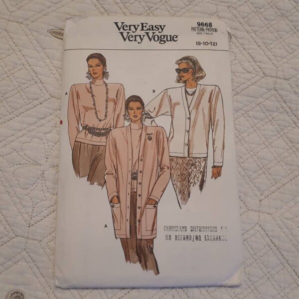 Vogue Easy 9668 misses cardigan and top sewing pattern sizes 8 10 12 uncut vintage from 1986 paper pattern