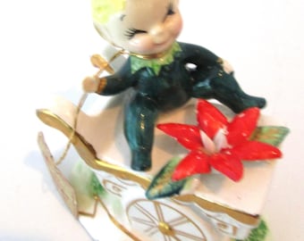 1950's Norcrest December Flower of the Month Pixie on Flower Cart with Poinsettia