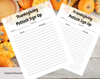 Könnte beinhalten: Zwei druckbare Anmeldeformulare für ein Thanksgiving- und Friendsgiving-Potluck mit Herbstthema. Die Formulare bieten Platz für Ort, Datum/Uhrzeit, Name und was Sie mitbringen.