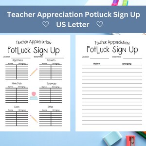 May include: Printable teacher appreciation potluck sign up sheet with sections for appetizers, desserts, main dish, beverages, sides, and other. The sheet has a black and white design with a red apple and a pencil icon.