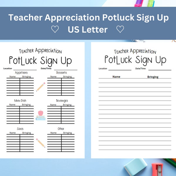 Teacher Appreciation Potluck Sign Up, Meal Sign Up Sheet, Office Potluck, Print From Home PDF, School Party, Tracking for Food Dishes