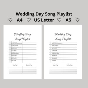 Wedding Day Song Playlist Printable | Wedding Music List | DJ Playlist | Wedding Planner List