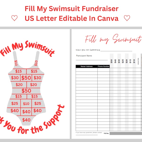 Fill My Swimsuit Fundraiser, Fill My Suit, Sports Fundraiser, Dive Competition, Swim Team, Swimming Donation, Instant PDF, Editable in Canva